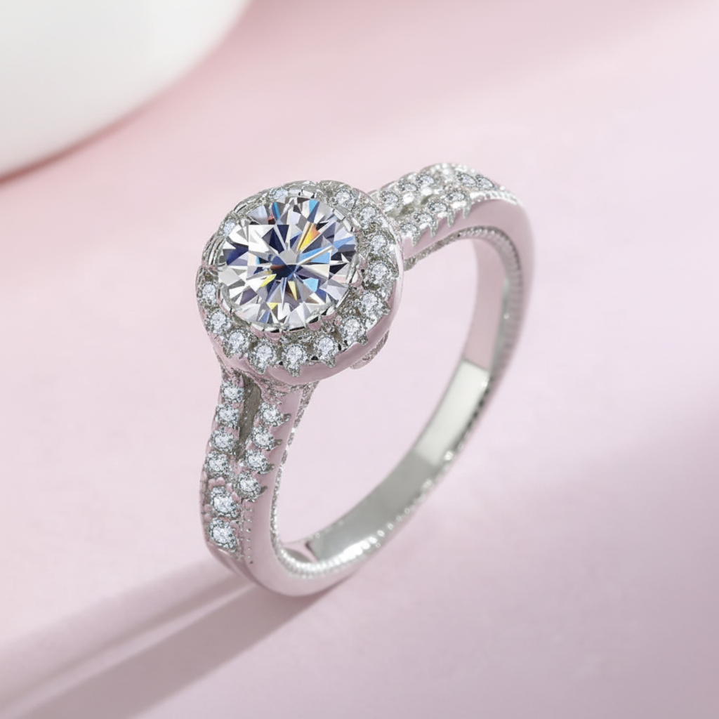 Diamond Halo Ring on Colored Background