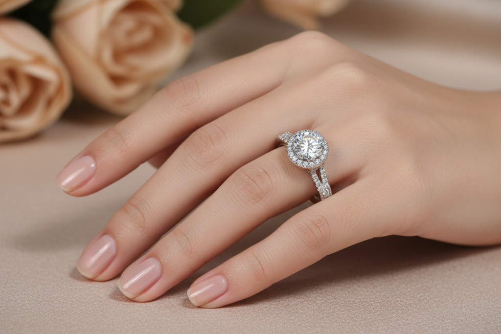 Diamond Halo Ring on Finger