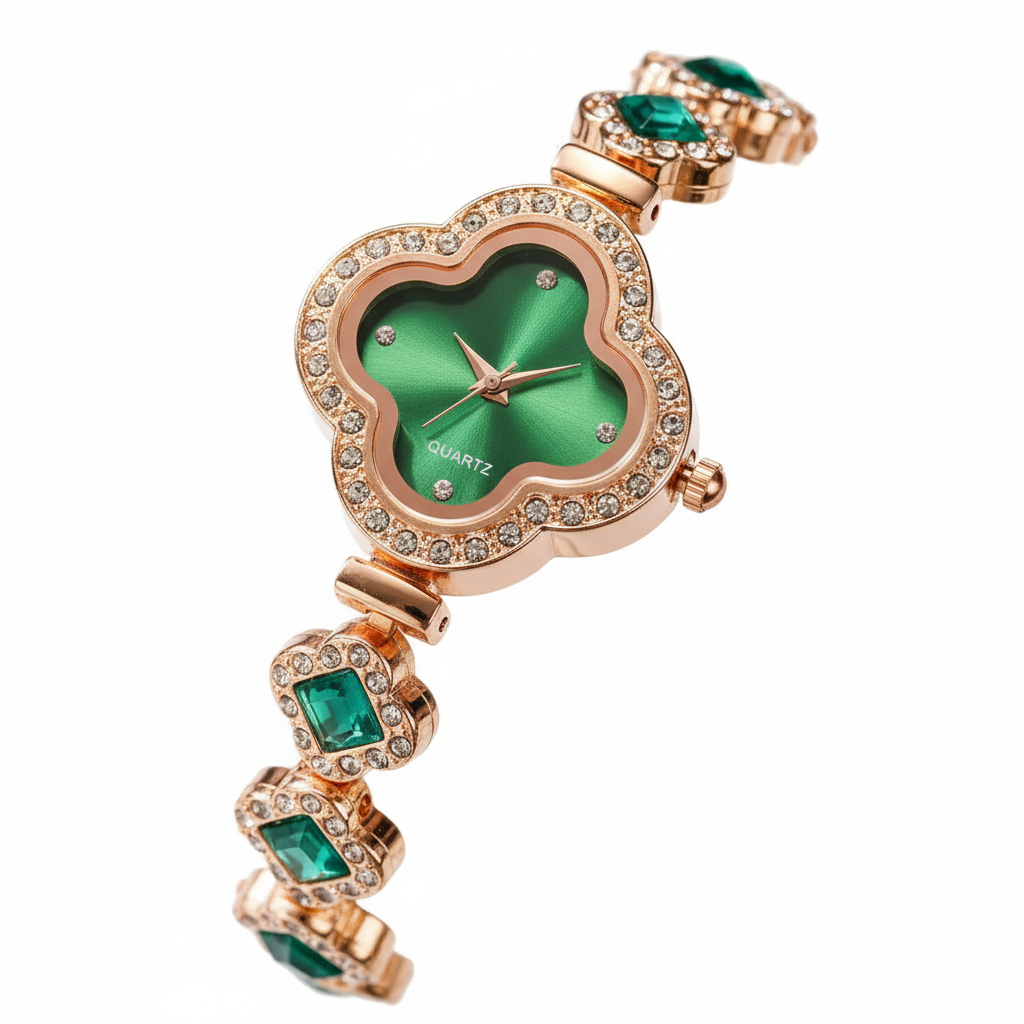 Emerald clover watch angled view on white background