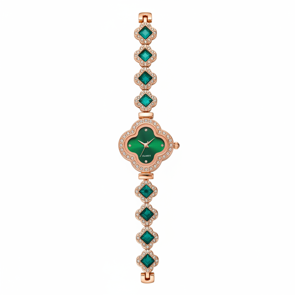 Emerald clover watch flat view on white background