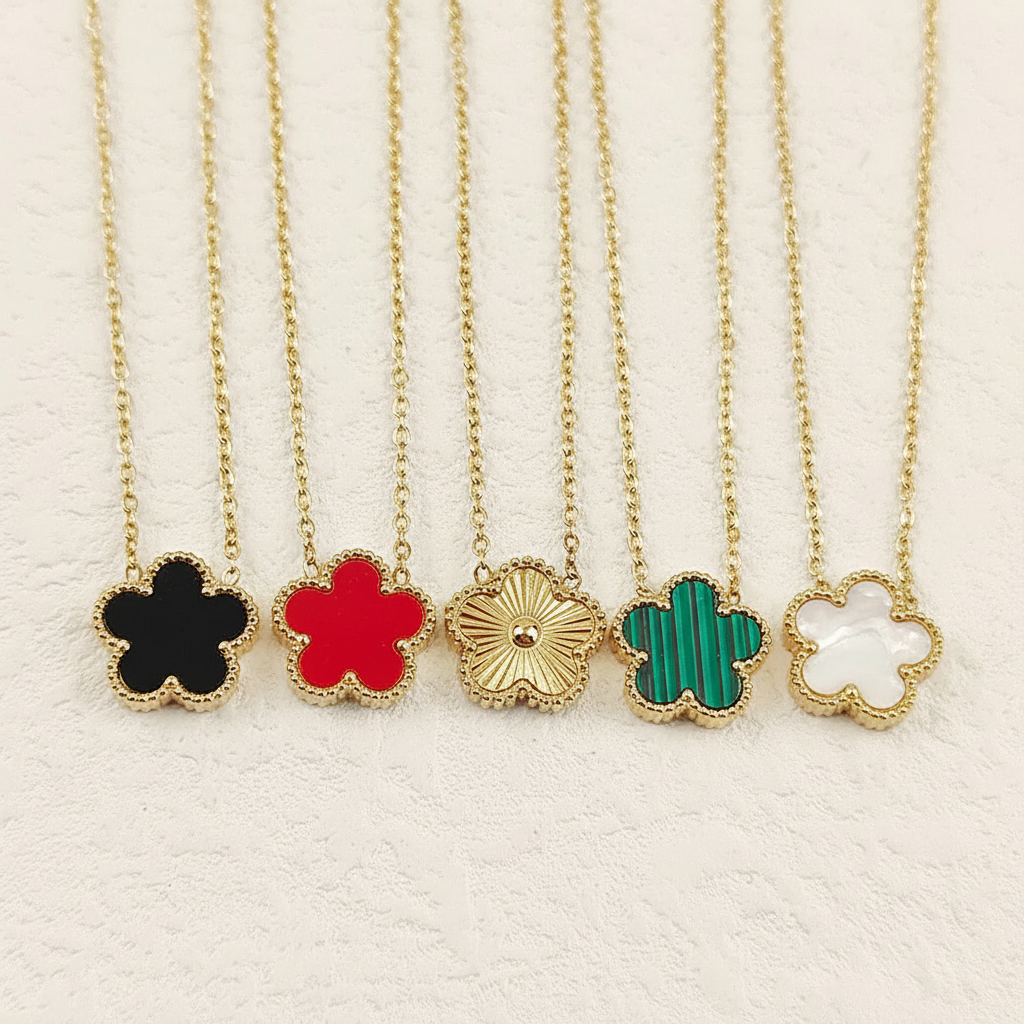 Five clover necklaces collection on white background
